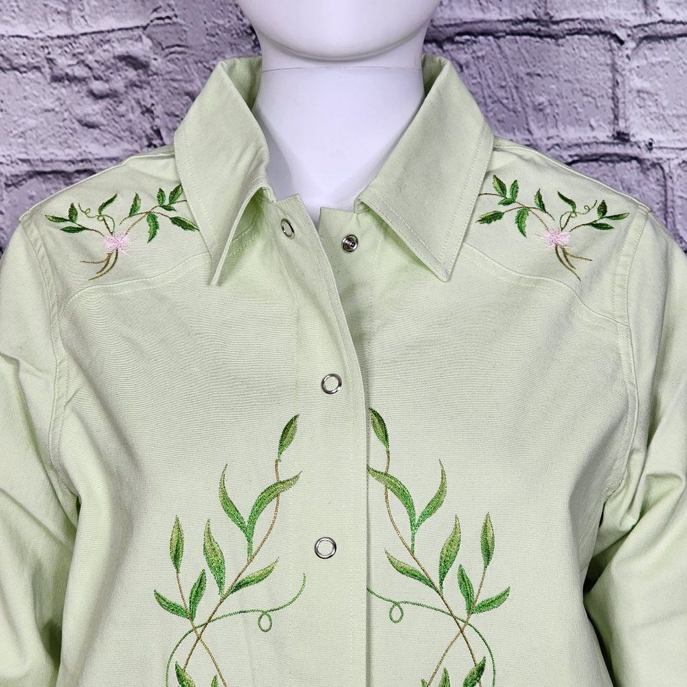 Victor Costa Occassion Green Denim Embroidered Shirt Jacket , Women's Small, NWT